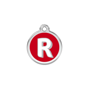 Placa para gato pequeña con letra R en esmalte rojo y acero inoxidable