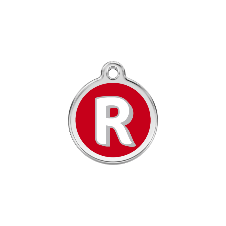 Vue avant - Médaille personnalisée pour chien/chat Red Dingo Émail/Acier inoxydable - Lettre R - Rouge - Talla S