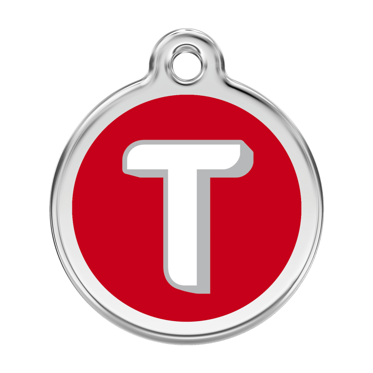 Vue avant - Médaille personnalisée pour chien Red Dingo Émail et acier inoxydable - Lettre T - Rouge - Talla L