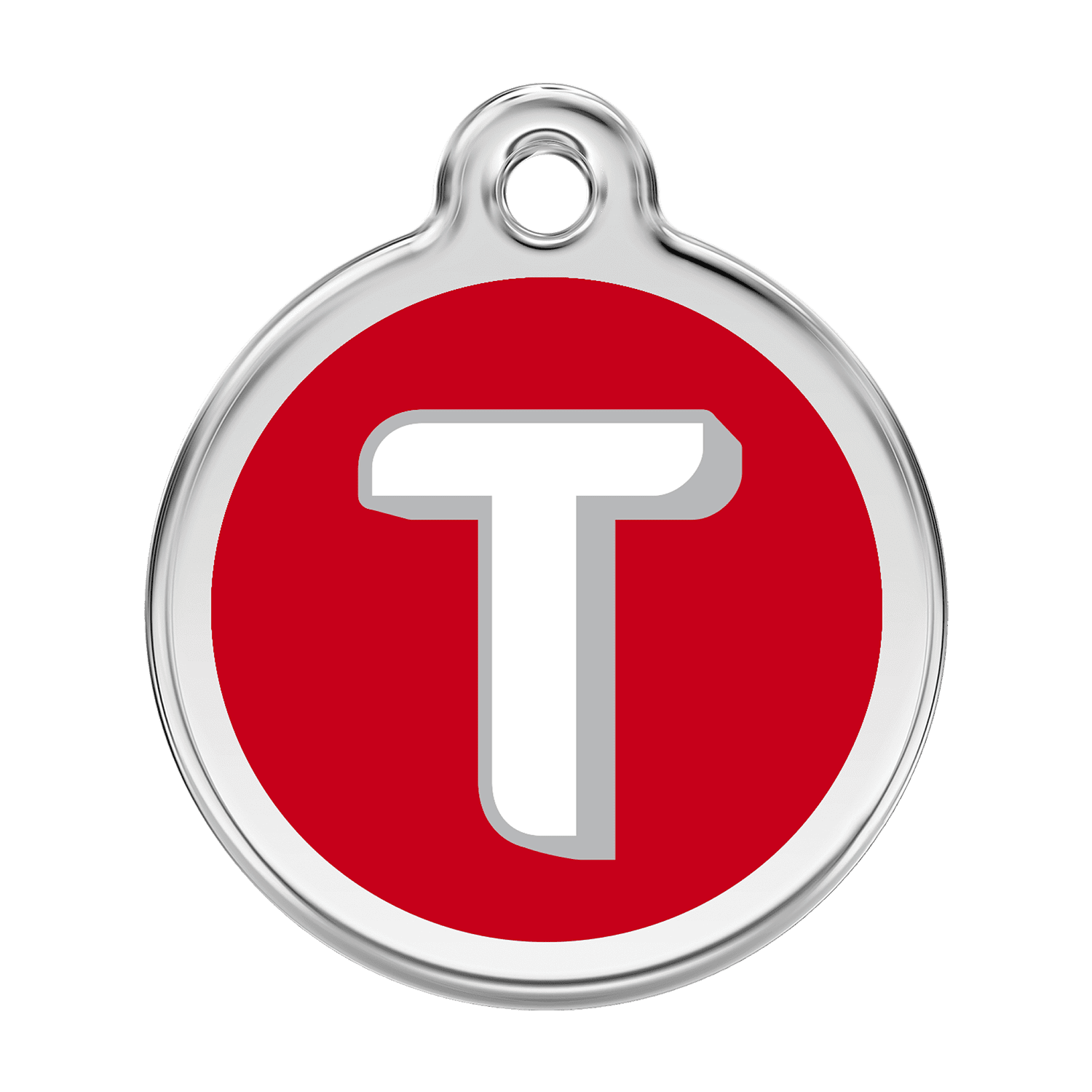 Vue avant - Médaille personnalisée pour chien Red Dingo Émail et acier inoxydable - Lettre T - Rouge - Talla L