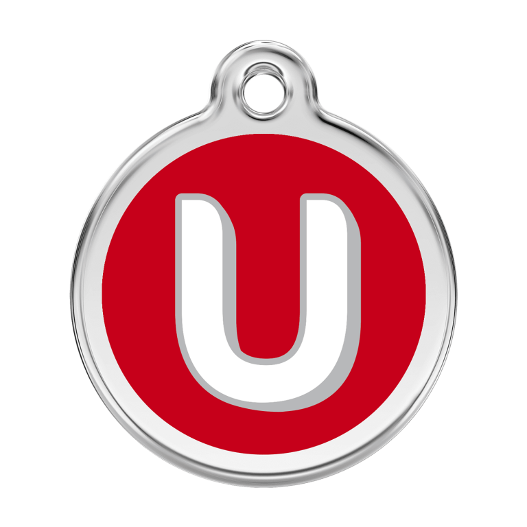 Vue avant - Médaille personnalisée pour chien Red Dingo Émail et acier inoxydable - Lettre U - Rouge - Talla L