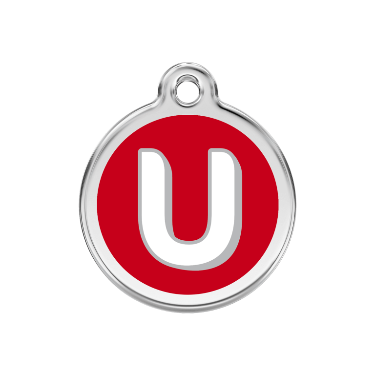 Vue avant - Médaille personnalisée pour chien Red Dingo Émail et acier inoxydable - Lettre U - Rouge - Talla M