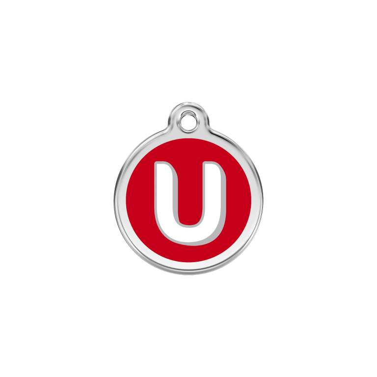 Vue avant - Médaille personnalisée pour chien/chat Red Dingo Émail/Acier inoxydable - Lettre U - Rouge - Talla S