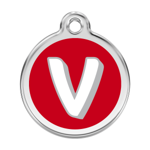 Placa para perro grande con letra V en esmalte rojo y acero inoxidable