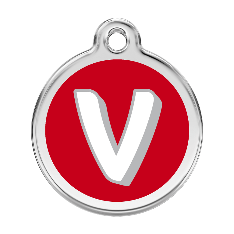 Vue avant - Médaille personnalisée pour chien Red Dingo Émail et acier inoxydable - Lettre V - Rouge - Talla L