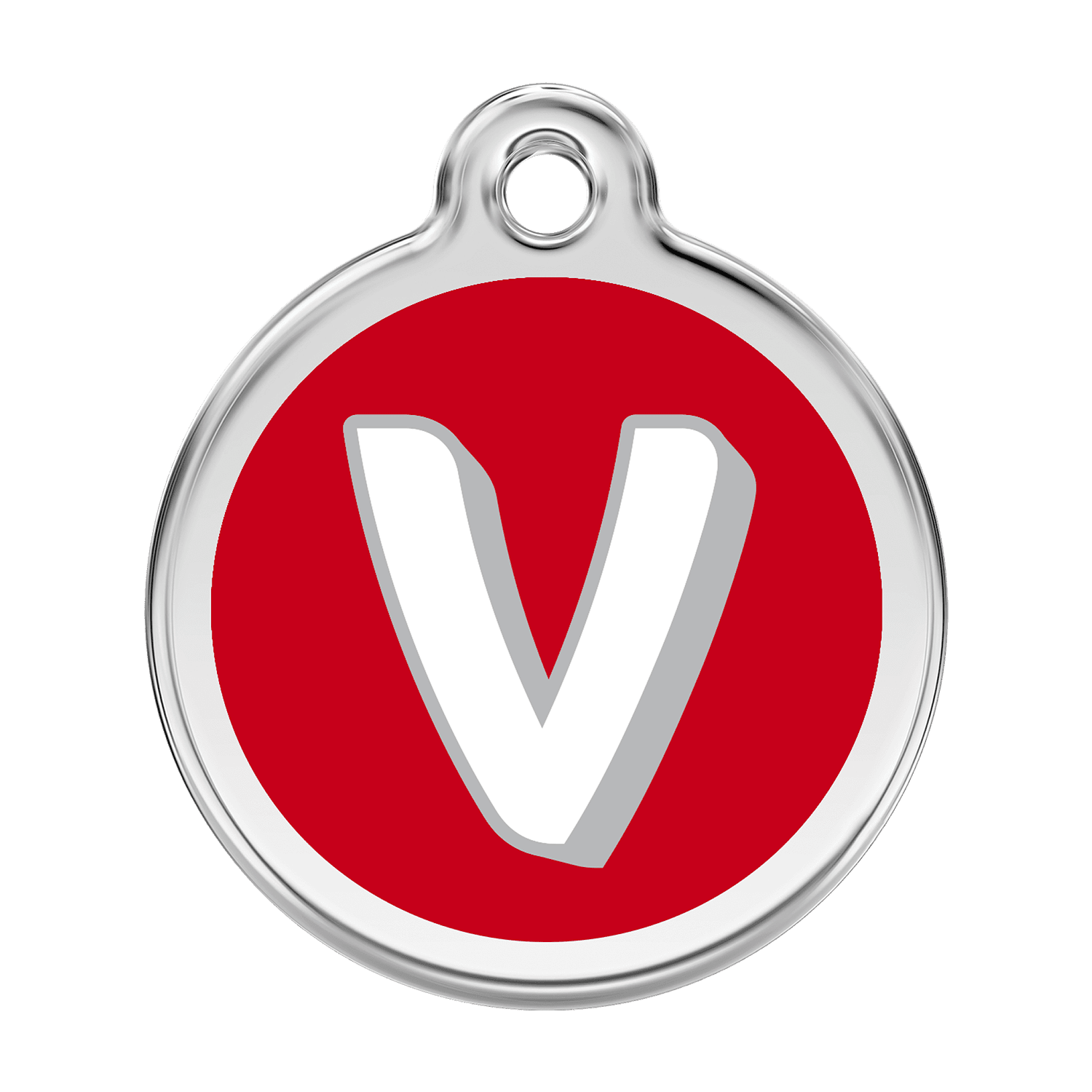 Vue avant - Médaille personnalisée pour chien Red Dingo Émail et acier inoxydable - Lettre V - Rouge - Talla L
