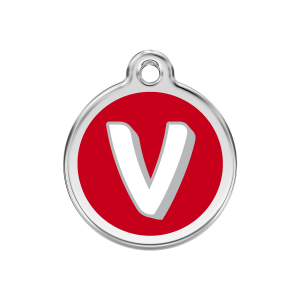 Placa para perro mediana con letra V en esmalte rojo y acero inoxidable