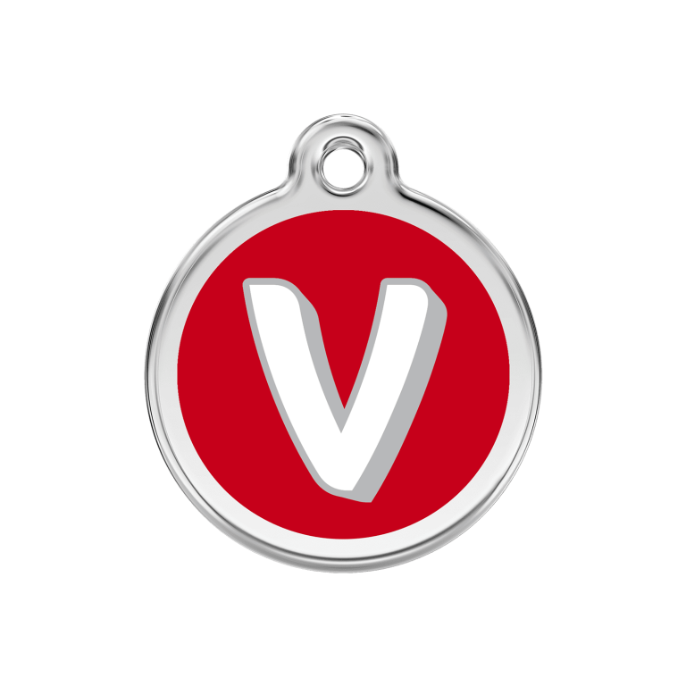 Vue avant - Médaille personnalisée pour chien Red Dingo Émail et acier inoxydable - Lettre V - Rouge - Talla M