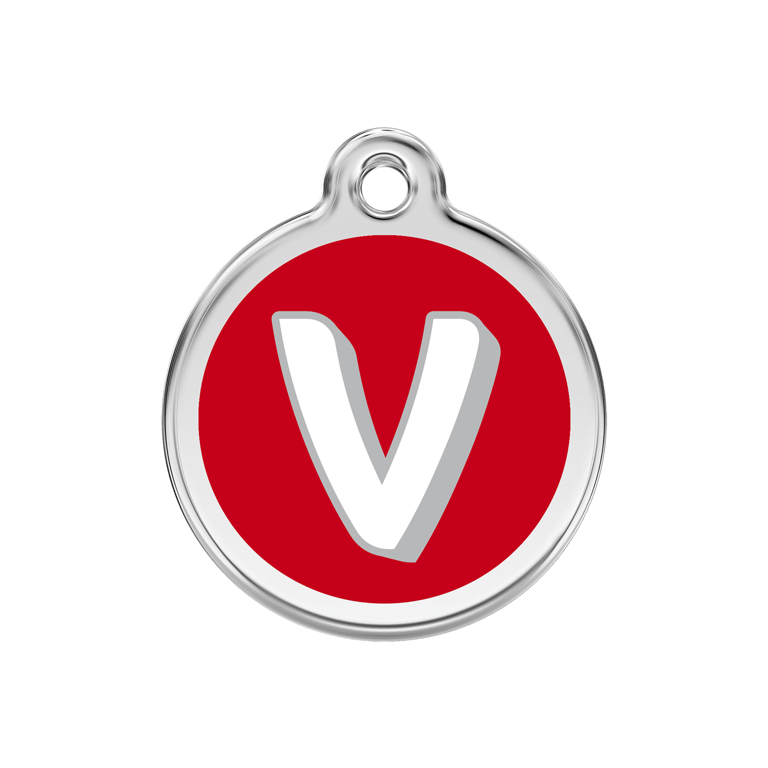 Vue avant - Médaille personnalisée pour chien Red Dingo Émail et acier inoxydable - Lettre V - Rouge - Talla M