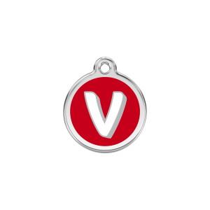 Placa para gato pequeña con letra V en esmalte rojo y acero inoxidable