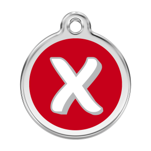 Placa para perro grande con letra X en esmalte rojo y acero inoxidable