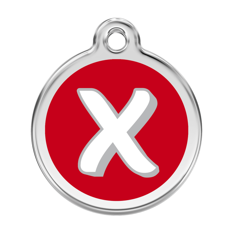 Vue avant - Médaille personnalisée pour chien Red Dingo Émail et acier inoxydable - Lettre X - Rouge - Talla L