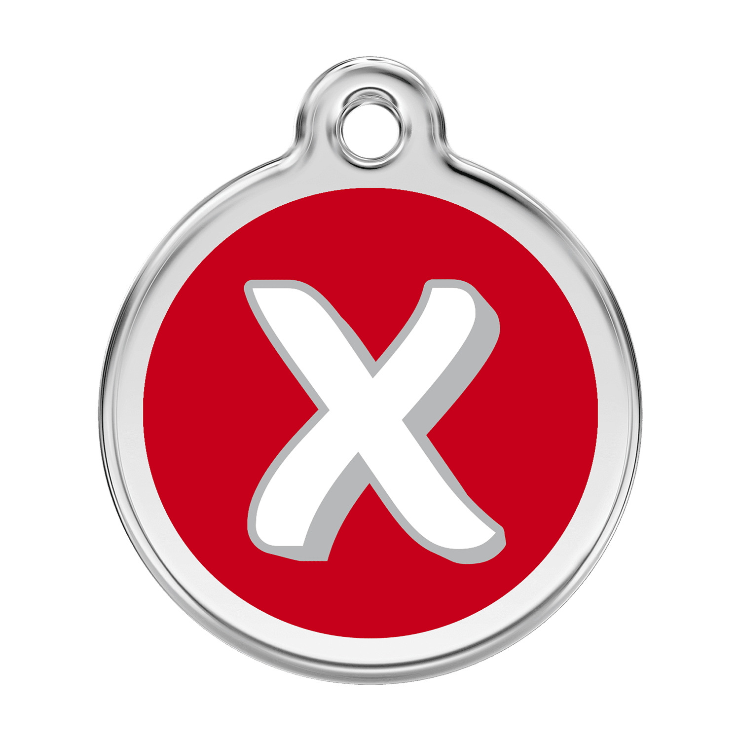 Vue avant - Médaille personnalisée pour chien Red Dingo Émail et acier inoxydable - Lettre X - Rouge - Talla L