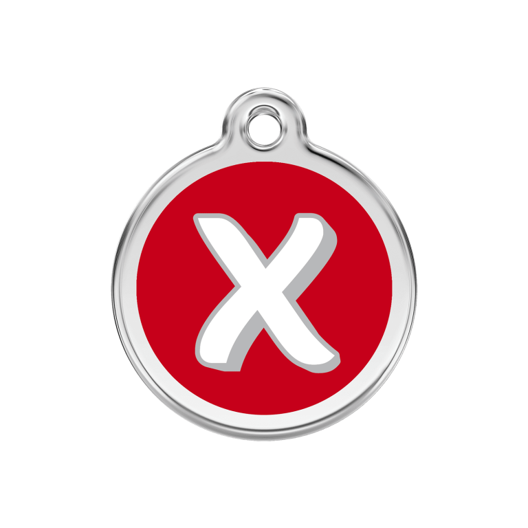 Vue avant - Médaille personnalisée pour chien Red Dingo Émail et acier inoxydable - Lettre X - Rouge - Talla M