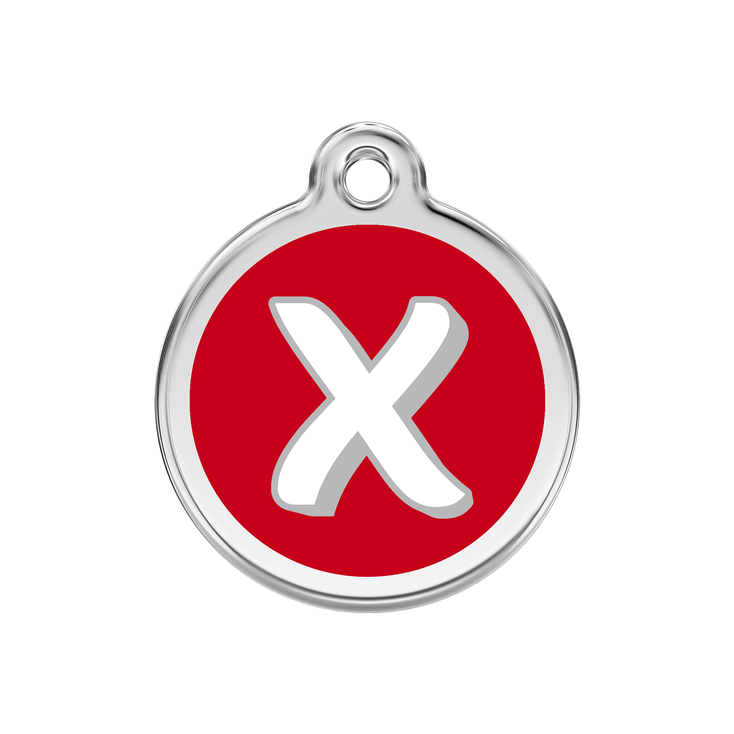Vue avant - Médaille personnalisée pour chien Red Dingo Émail et acier inoxydable - Lettre X - Rouge - Talla M