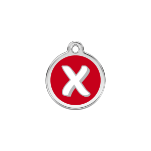 Placa para gato pequeña con letra X en esmalte rojo y acero inoxidable