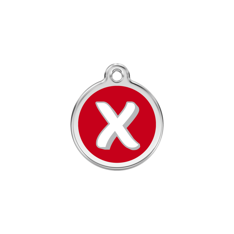 Vue avant - Médaille personnalisée pour chien/chat Red Dingo Émail/Acier inoxydable - Lettre X - Rouge - Talla S