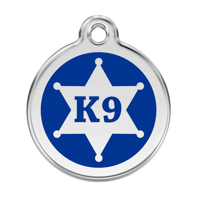Vue avant - Médaille personnalisée pour chien Red Dingo Émail et acier inoxydable - K9 Sh?rif - Bleu fonc? - Talla L