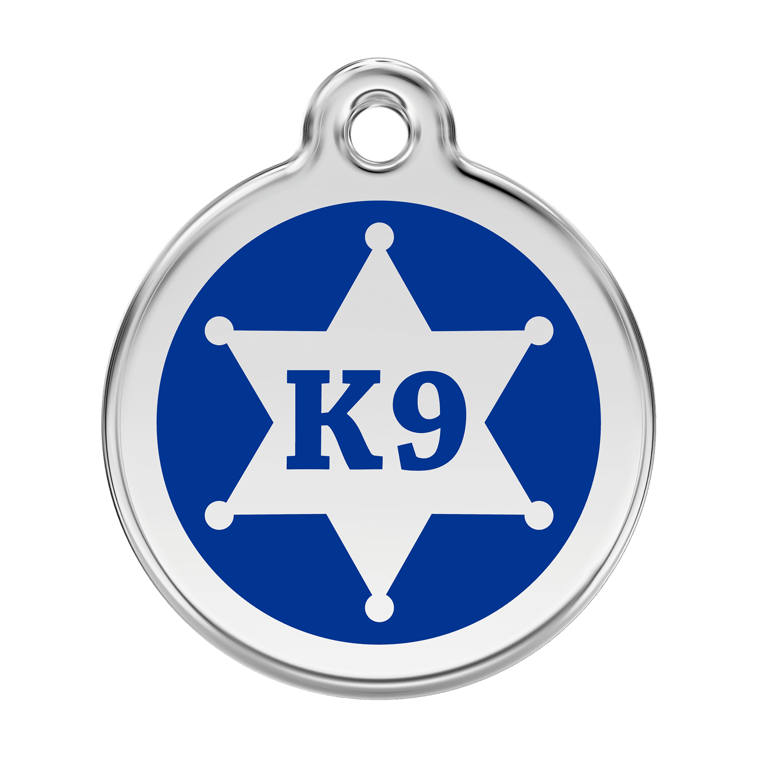 Vue avant - Médaille personnalisée pour chien Red Dingo Émail et acier inoxydable - K9 Sh?rif - Bleu fonc? - Talla L