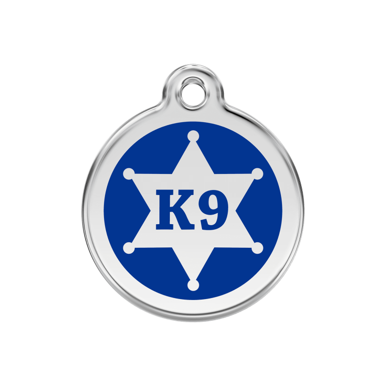 Vue avant - Médaille personnalisée pour chien Red Dingo Émail et acier inoxydable K9 Sh?rif Bleu fonc? - Talla M