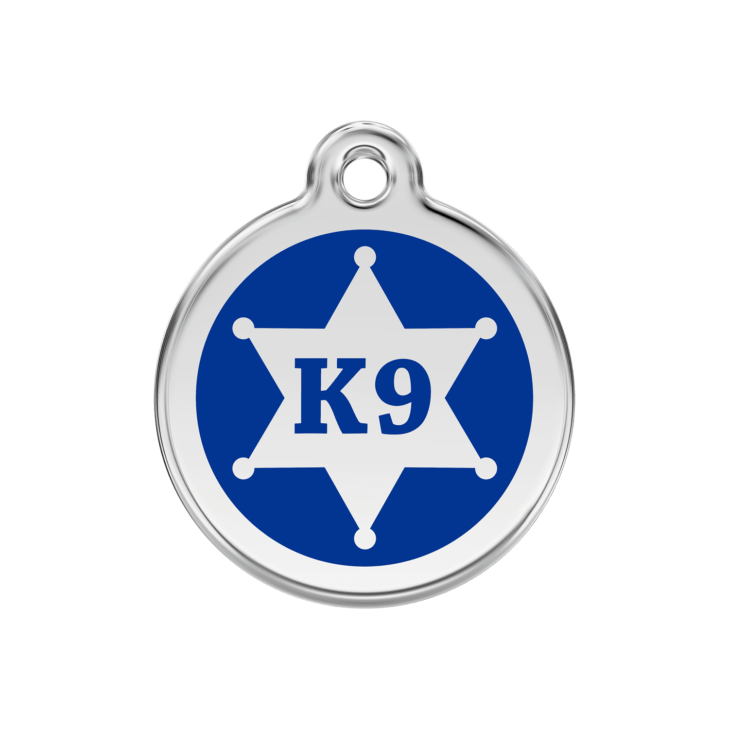 Vue avant - Médaille personnalisée pour chien Red Dingo Émail et acier inoxydable K9 Sh?rif Bleu fonc? - Talla M