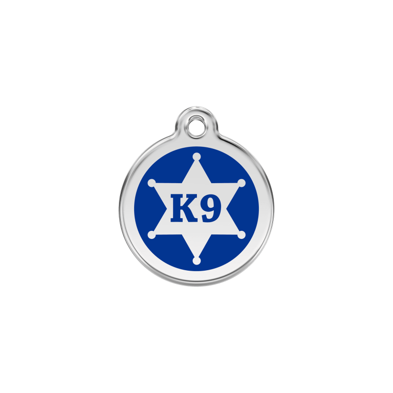 Vue avant - Médaille personnalisée pour chien/chat Red Dingo Émail/Acier inoxydable K9 Sh?rif Bleu fonc? - Talla S - 01-KN-DB-SM