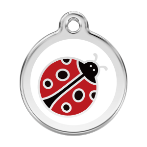 Placa para perro grande blanca con mariquita en esmalte y acero inoxidable