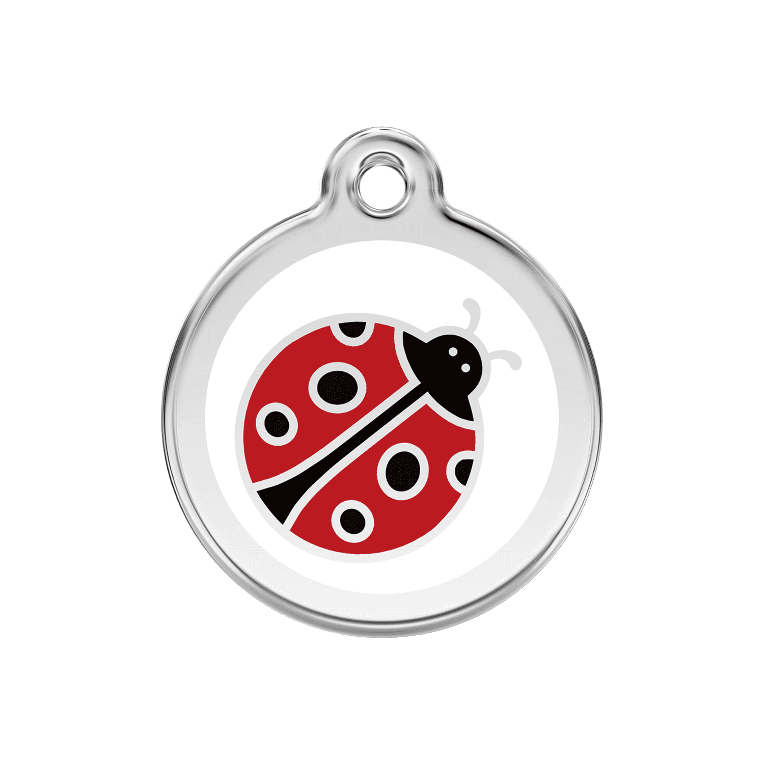Vue avant - Médaille personnalisée pour chien Red Dingo Émail et acier inoxydable - Motif Coccinelle - Blanc - Talla M