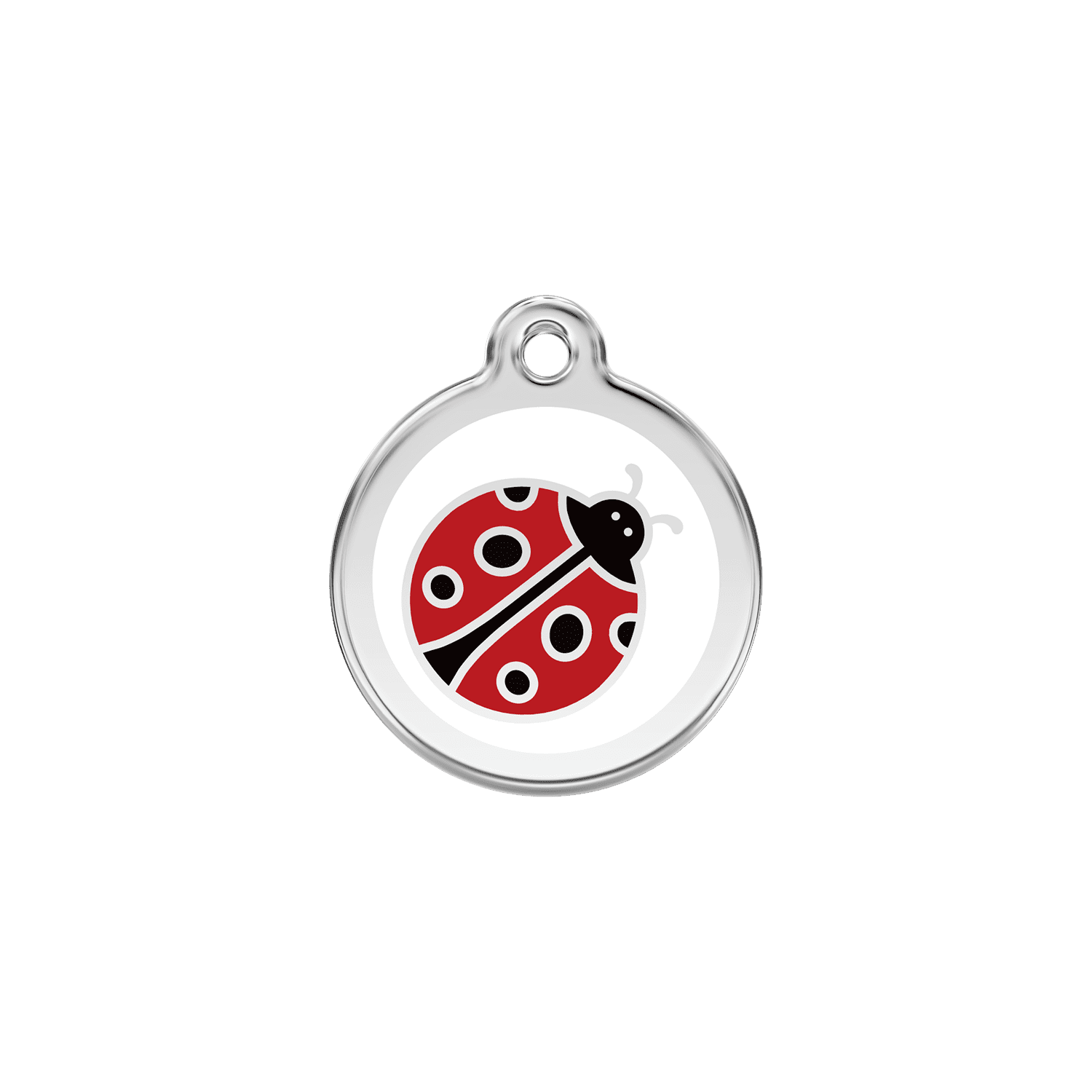 Vue avant - Médaille personnalisée pour chien/chat Red Dingo Émail et acier inoxydable - Coccinelle Blanc - Talla S