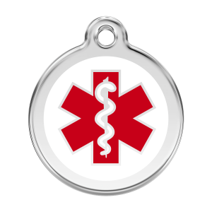 Placa para perro grande en esmalte blanco con etiqueta médica