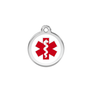 Placa médica para gato pequeña en esmalte blanco y acero inoxidable