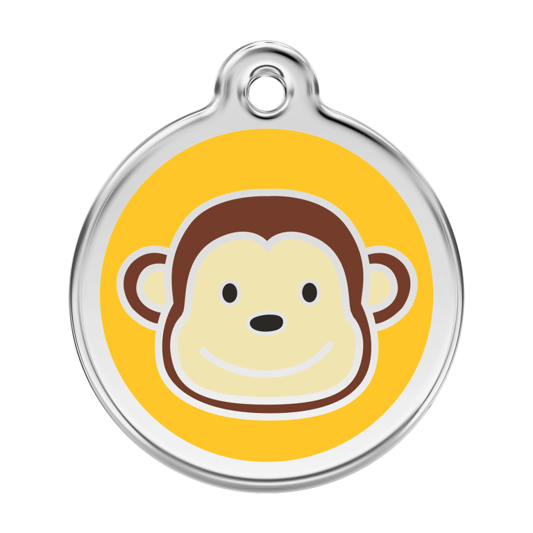 Vue avant - Médaille personnalisée pour chien - Red Dingo Émail et acier inoxydable - Motif singe jaune - Talla L