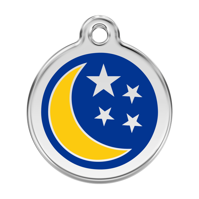 Vue avant - Médaille personnalisée pour chien Red Dingo Émail et acier inoxydable Lune et étoiles Bleu foncé - Talla L