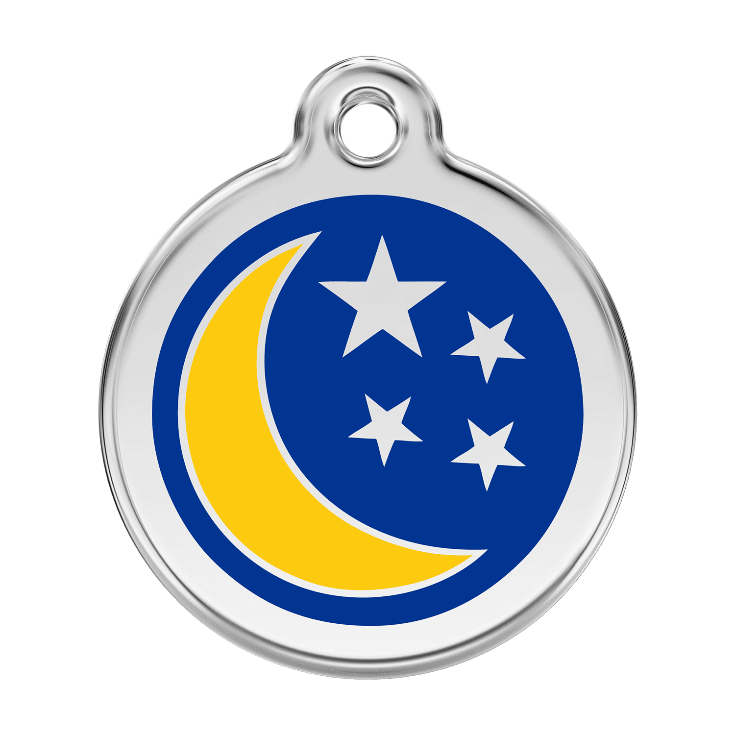 Vue avant - Médaille personnalisée pour chien Red Dingo Émail et acier inoxydable Lune et étoiles Bleu foncé - Talla L