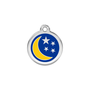 Placa para gato pequeña Luna y estrellas azul oscuro en esmalte y acero inoxidable