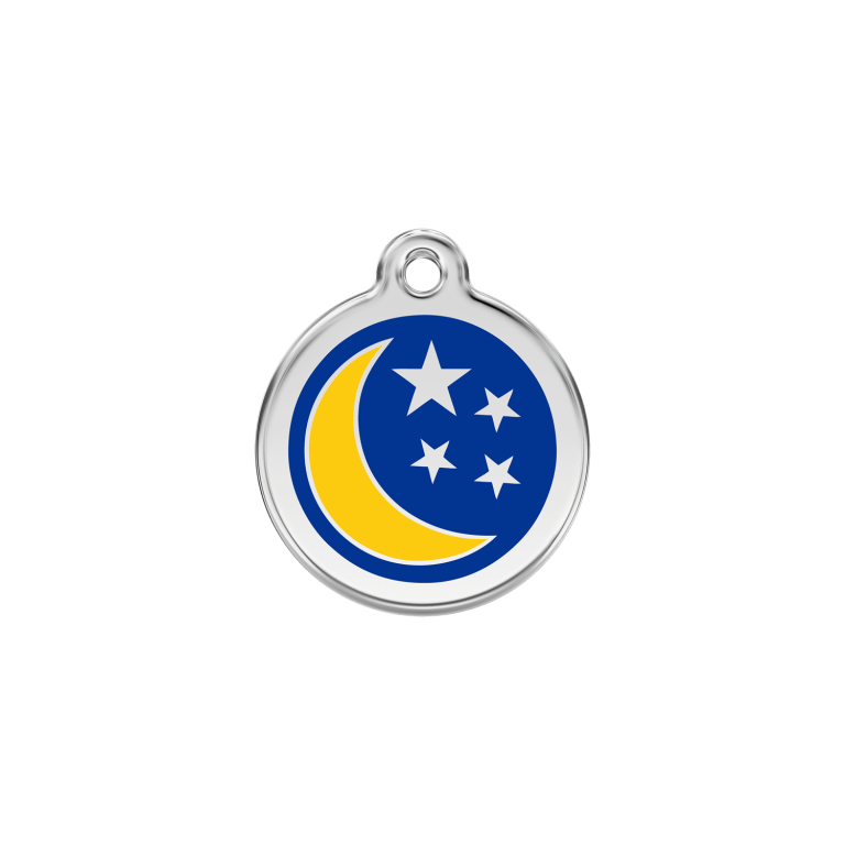 Vue avant - Médaille personnalisée pour chien/chat Red Dingo Émail/Acier inoxydable Lune et étoiles Bleu foncé - Talla S