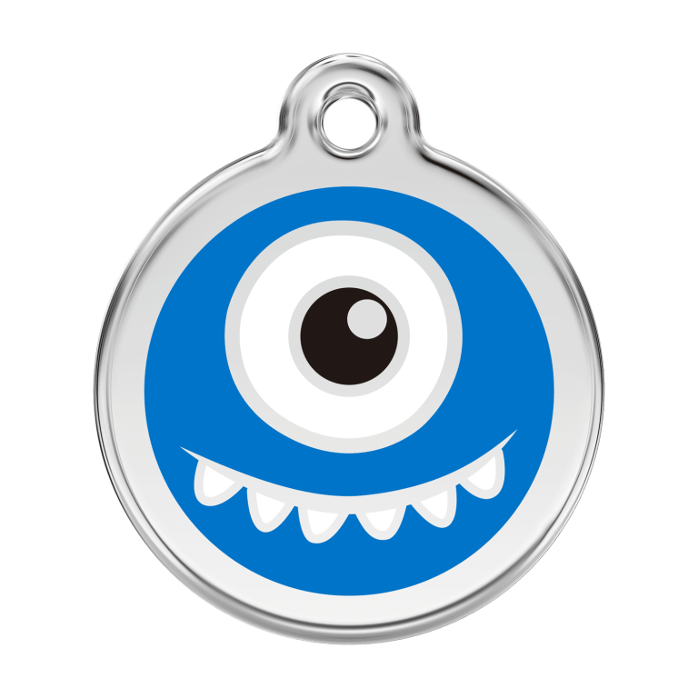 Vue avant - Médaille personnalisée pour chien Red Dingo Émail et acier inoxydable Monstre Bleu foncé - Talla L