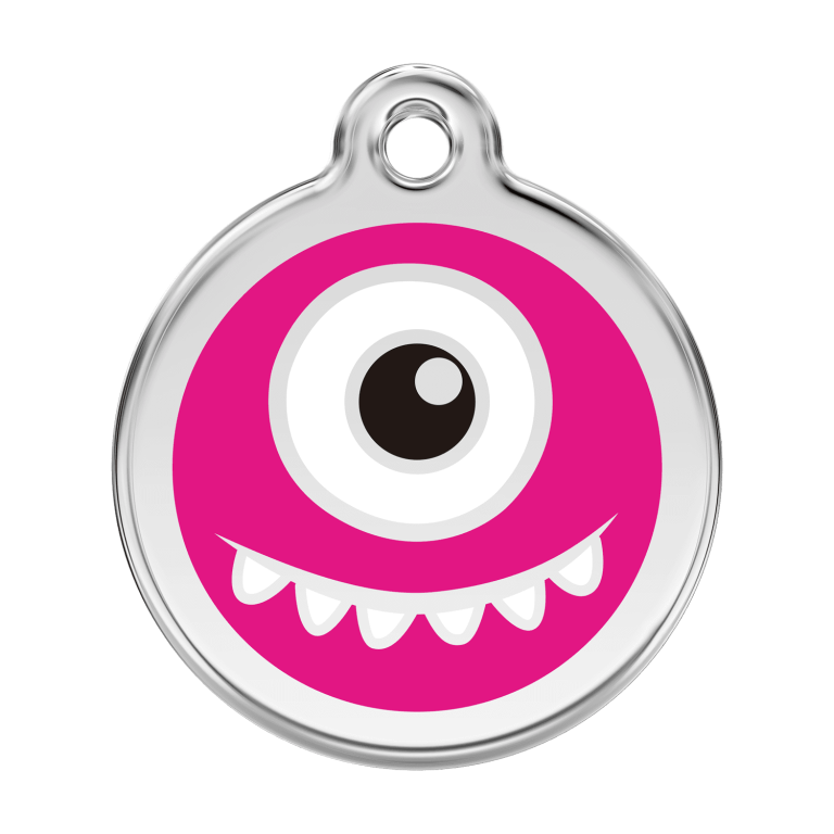 Vue avant - Médaille personnalisée pour chien Red Dingo Émail et acier inoxydable motif Monstre - Rose vif - Talla L