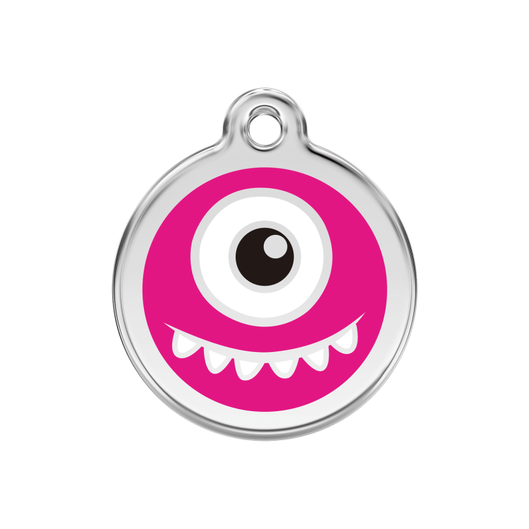 Vue avant - Médaille personnalisée pour chien Red Dingo Émail et acier inoxydable Monstre Rose vif - Talla M