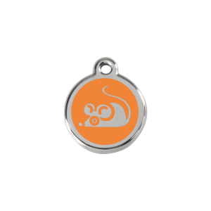 Placa para gato pequeña con diseño de ratón en esmalte naranja y acero inoxidable