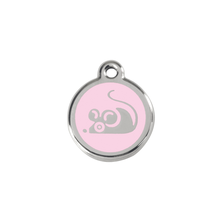 Vue avant - Médaille personnalisée en émail et acier inoxydable pour chat - Red Dingo - Motif souris rose - Talla S