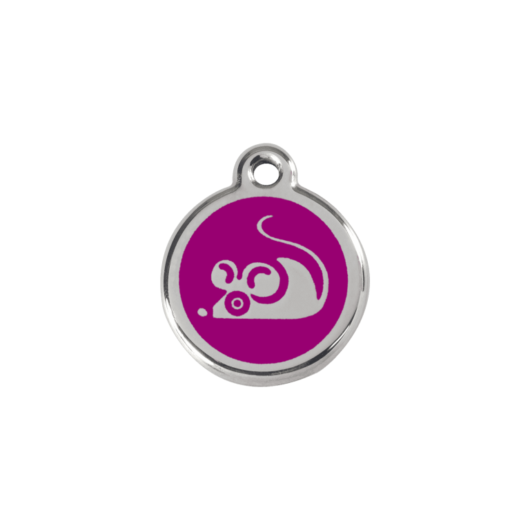 Vue avant - Médaille personnalisée en émail et acier inoxydable pour chat - Red Dingo - Motif souris violet - Talla S