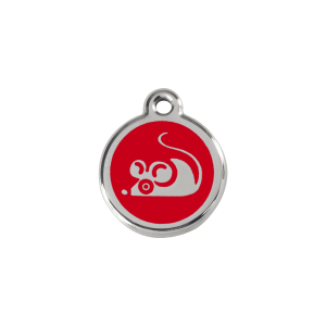 Placa para gato pequeña con diseño de ratón en esmalte rojo y acero inoxidable