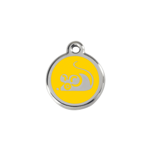 Placa para gato pequeña con diseño de ratón amarillo en esmalte y acero inoxidable