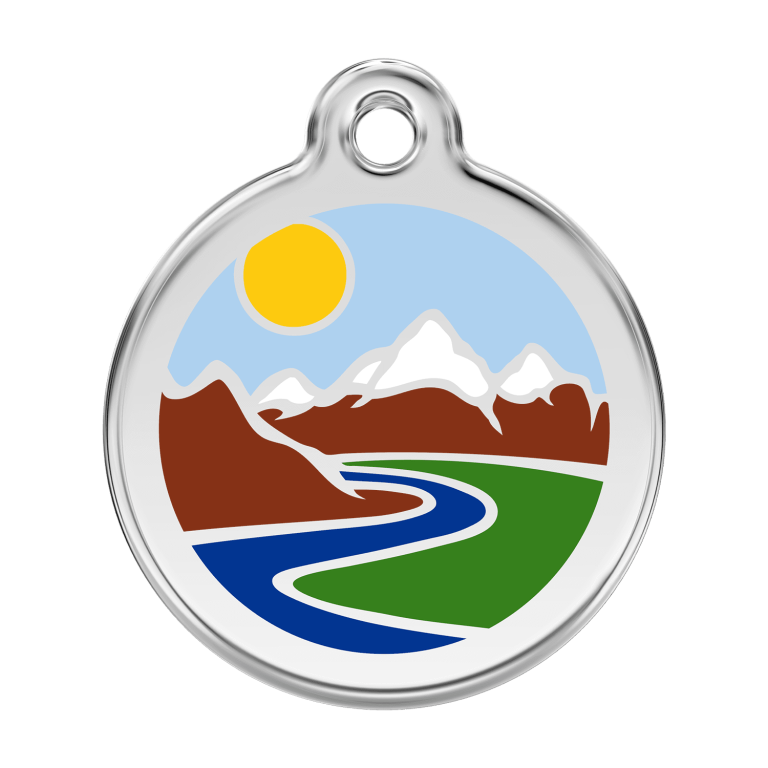 Vue avant - Médaille personnalisable pour chien Red Dingo Émail et acier inoxydable motif montagnes bleu clair - Talla L