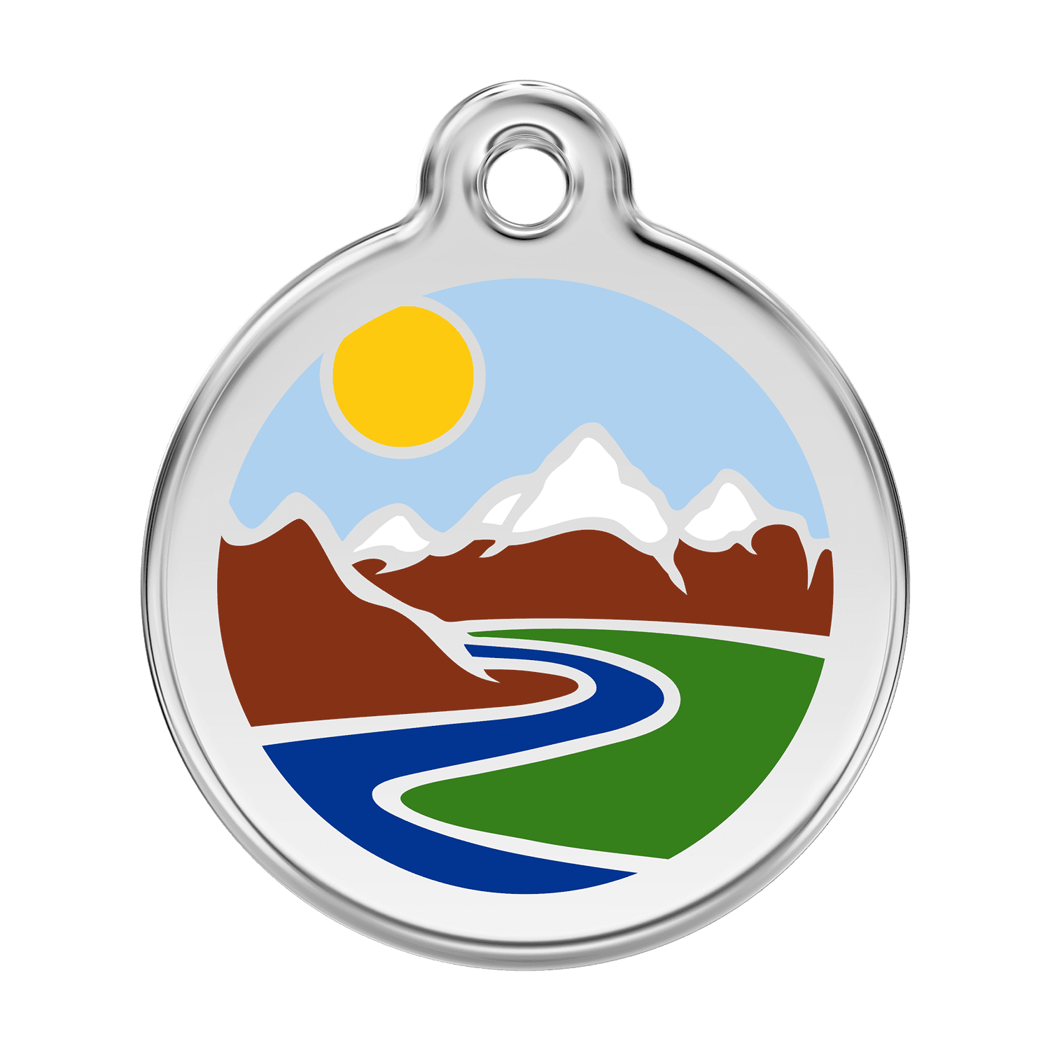 Vue avant - Médaille personnalisable pour chien Red Dingo Émail et acier inoxydable motif montagnes bleu clair - Talla L
