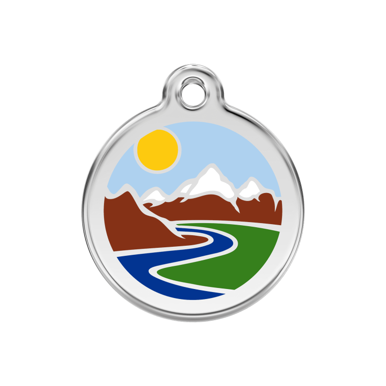 Vue avant - Médaille personnalisée pour chien Red Dingo Émail et acier inoxydable motif montagnes bleu clair - Talla M