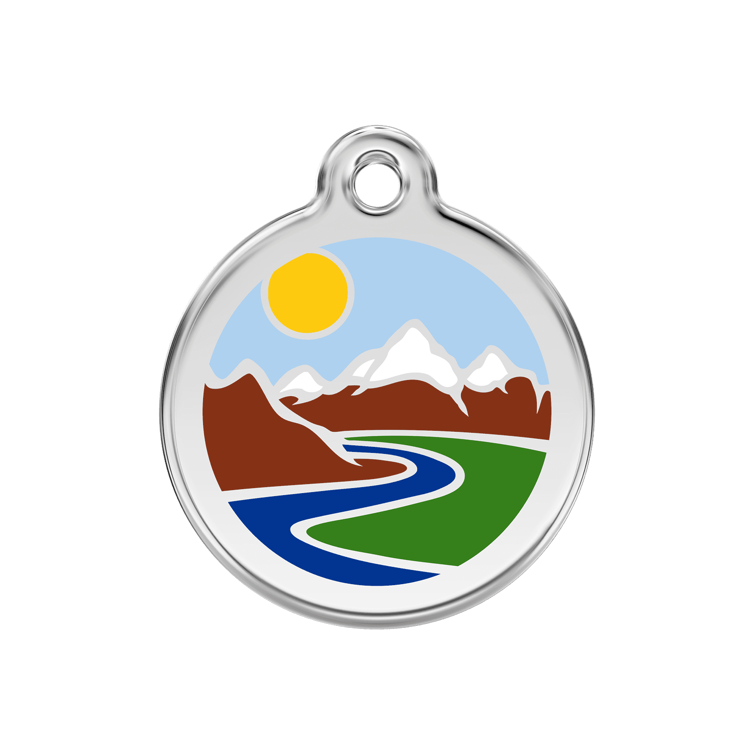 Vue avant - Médaille personnalisée pour chien Red Dingo Émail et acier inoxydable motif montagnes bleu clair - Talla M