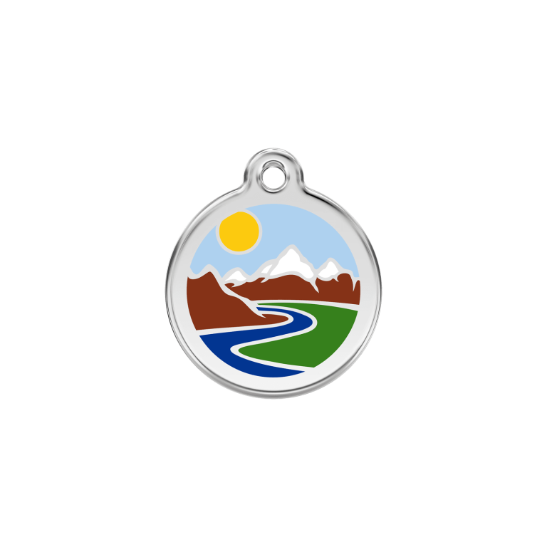 Vue avant - Médaille personnalisée pour chat en émail et acier inoxydable - Motif montagnes bleu clair - Red Dingo
