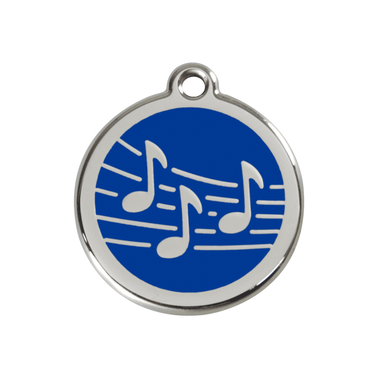 Vue avant - Médaille personnalisée pour chien Red Dingo Émail et acier inoxydable Musique Bleu foncé 30mm